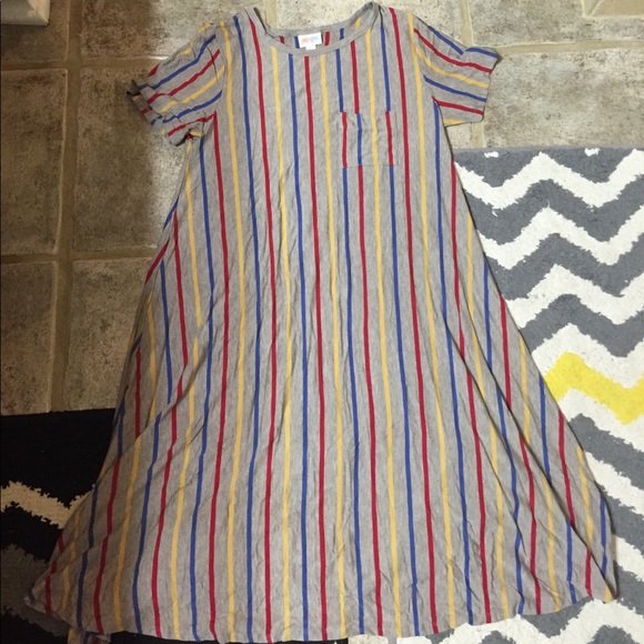 LuLaRoe Dresses & Skirts - Lularoe xs Carly gray red,yellow,blue striped