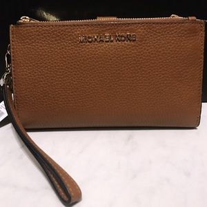 Brand NWT MK Luggage Brown Double-Zip Wristlet