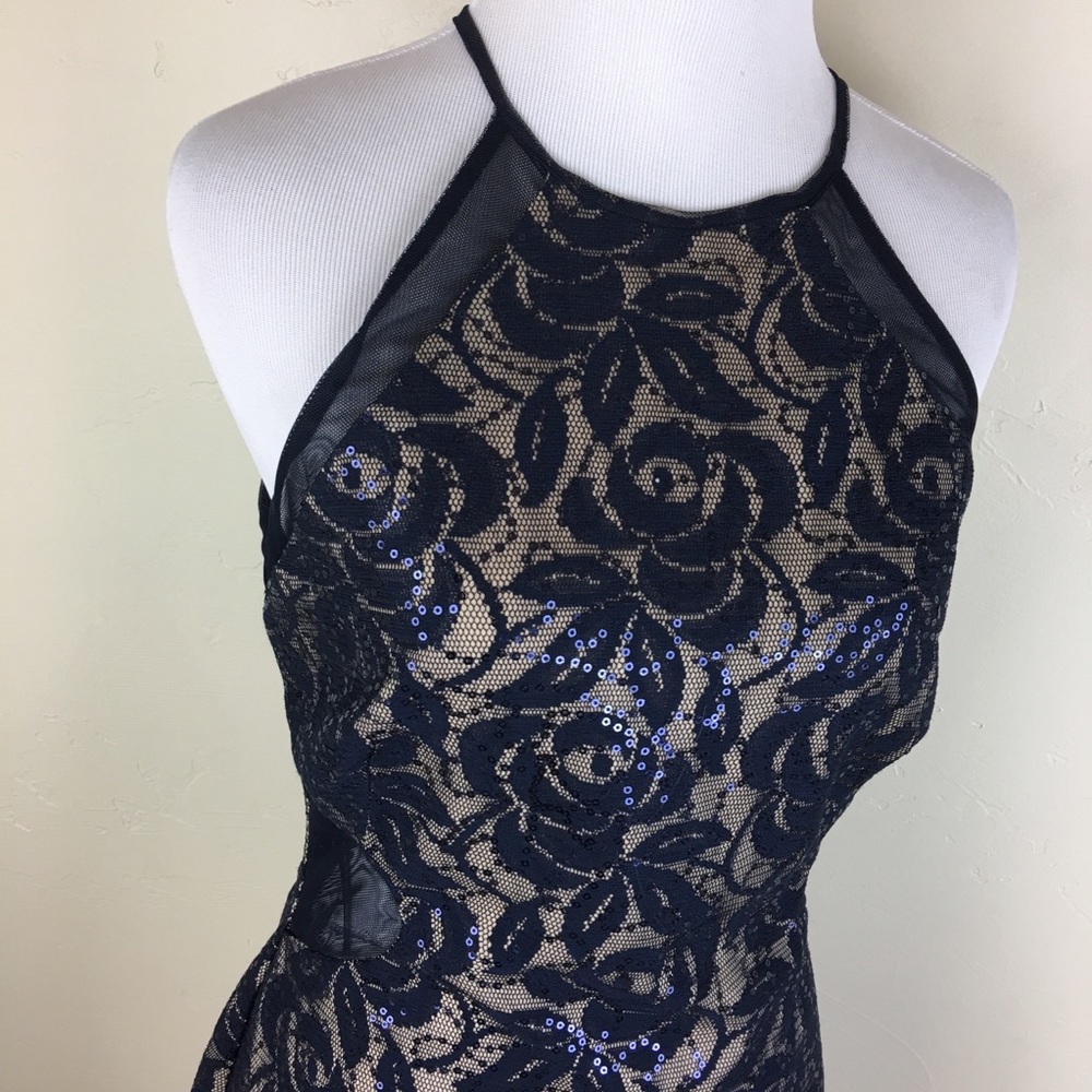 Navy blue beige sequin mesh back & cut out dress - Picture 2 of 7