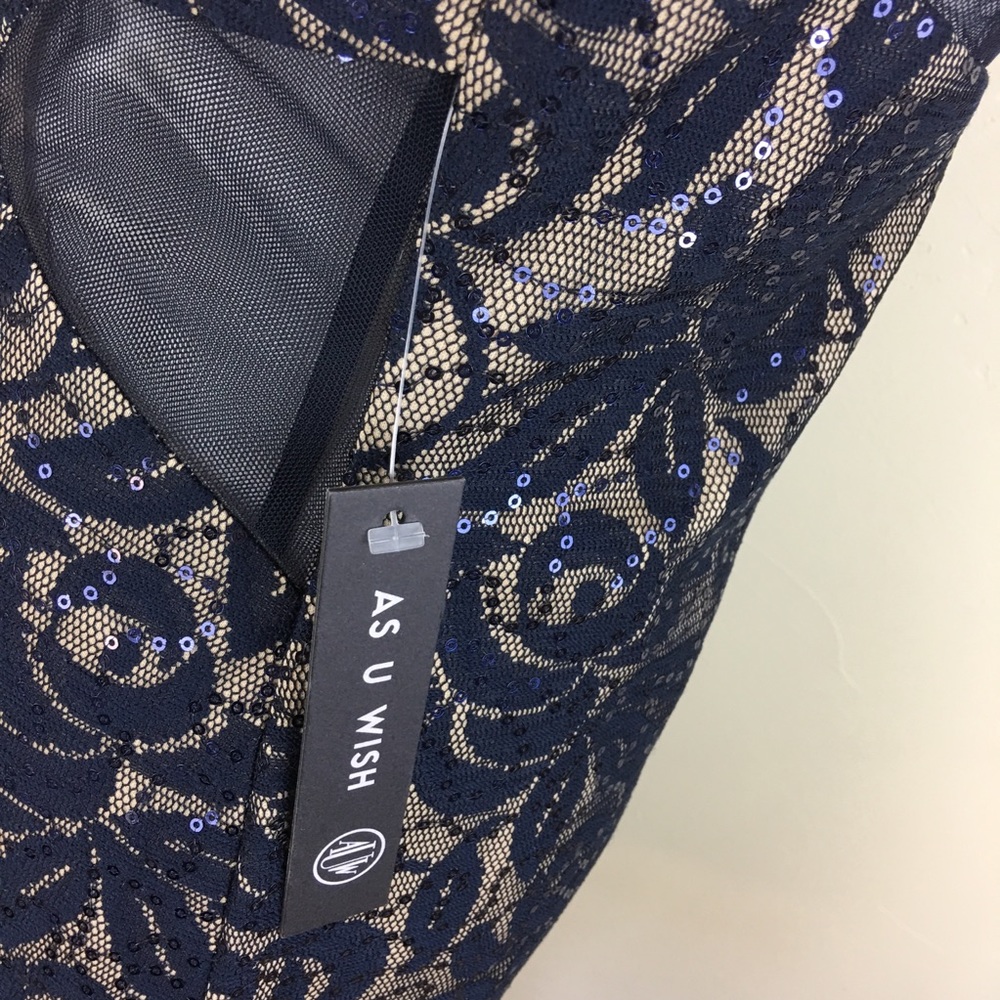 Navy blue beige sequin mesh back & cut out dress - Picture 5 of 7