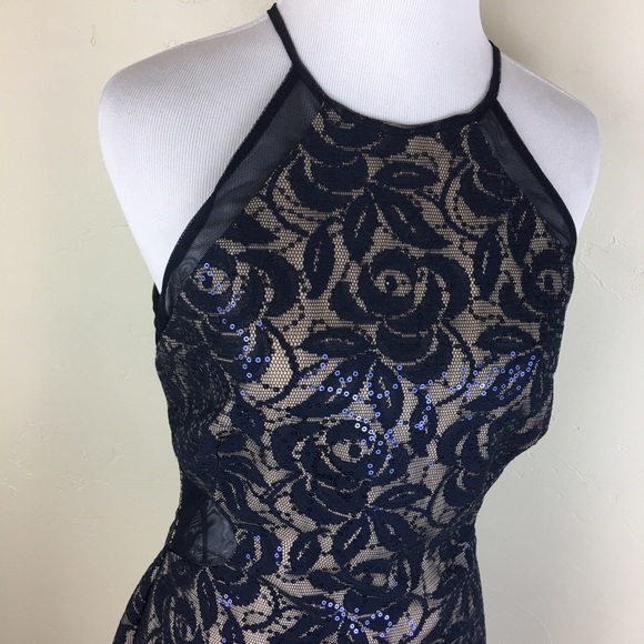 Navy blue beige sequin mesh back & cut out dress - Picture 2 of 7