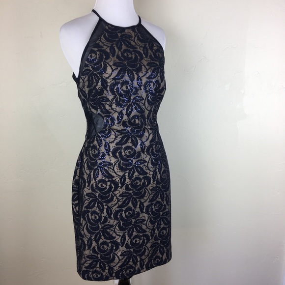 Navy blue beige sequin mesh back & cut out dress - Picture 7 of 7