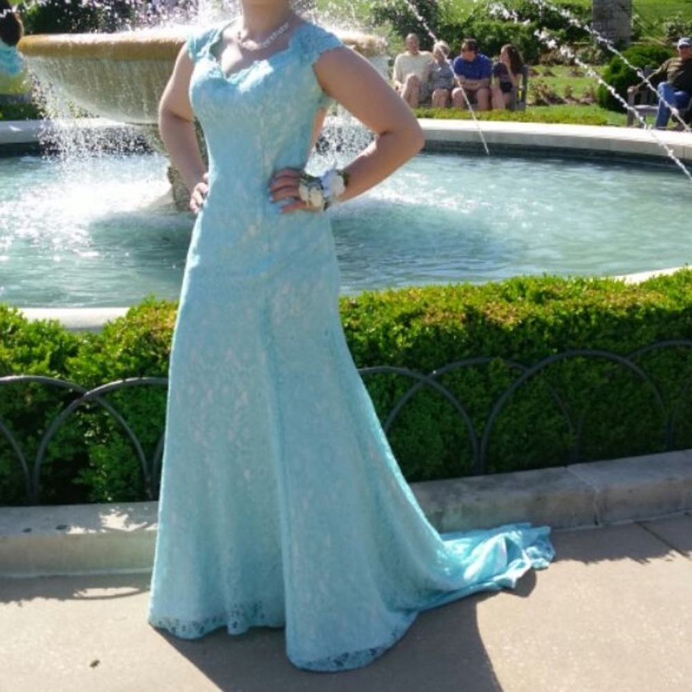 Baby blue and white prom dress