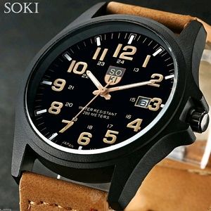New military men watch army leather quartz analog