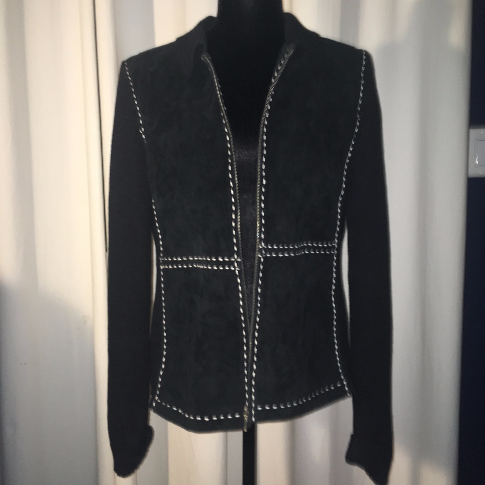 Black suede sweater jacket contrast stitch