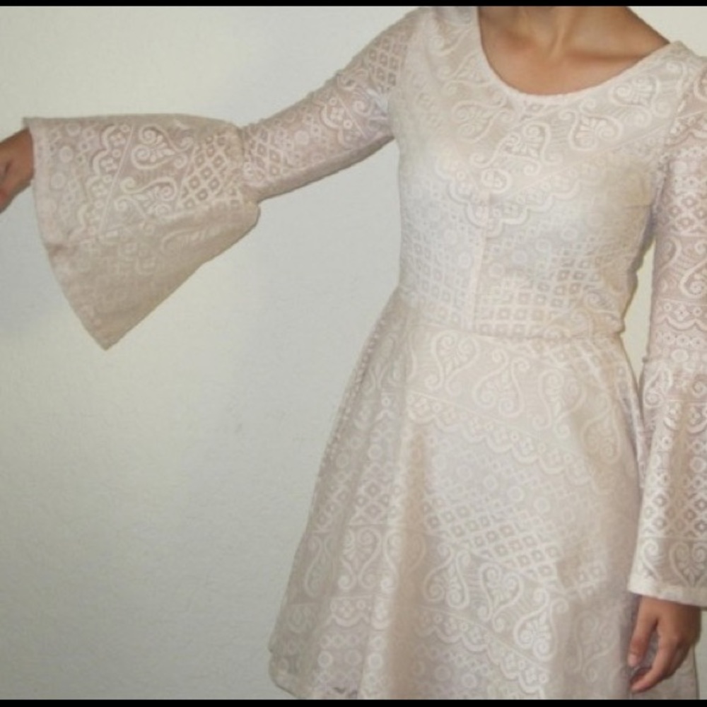 cream lace bell-sleeve dress