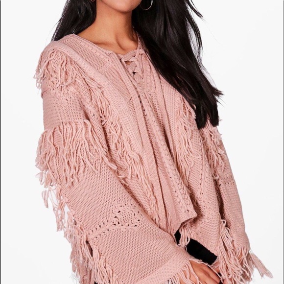 NEW Oversized Slouchy Sweaters Fringe Boho Lace Up - Picture 3 of 5