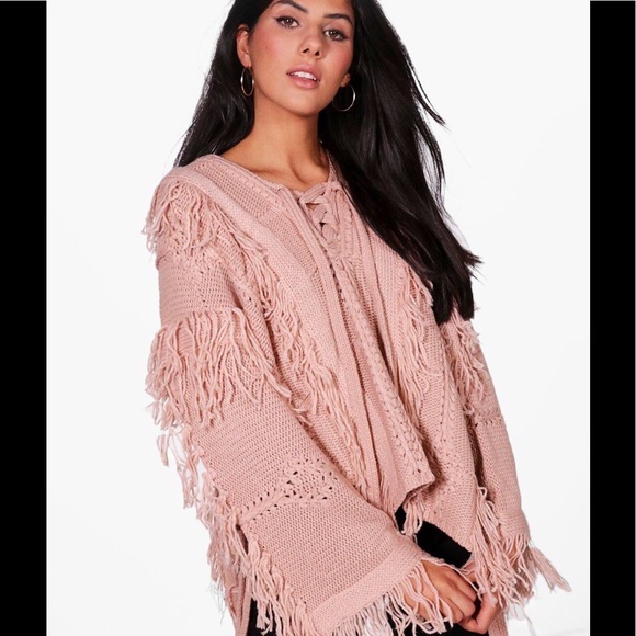 NEW Oversized Slouchy Sweaters Fringe Boho Lace Up - Picture 2 of 5
