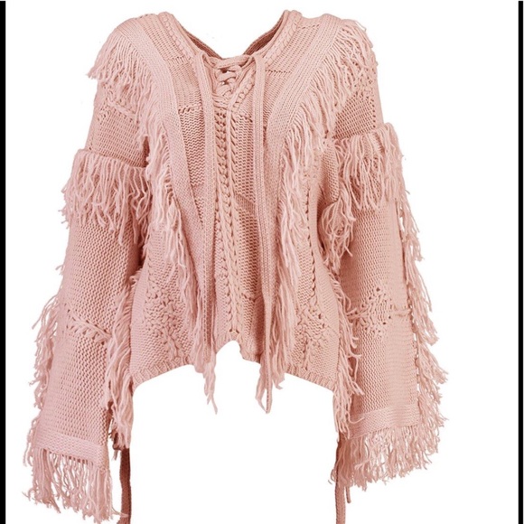 NEW Oversized Slouchy Sweaters Fringe Boho Lace Up - Picture 4 of 5