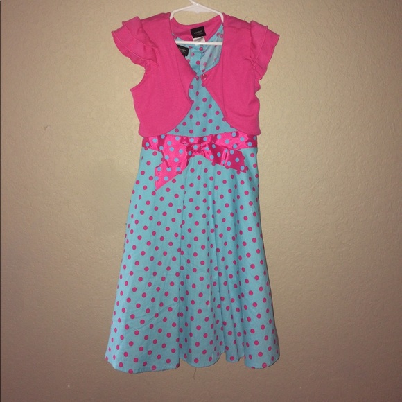 🌟SOLD Blue dress with pink polka dots - Picture 1 of 6