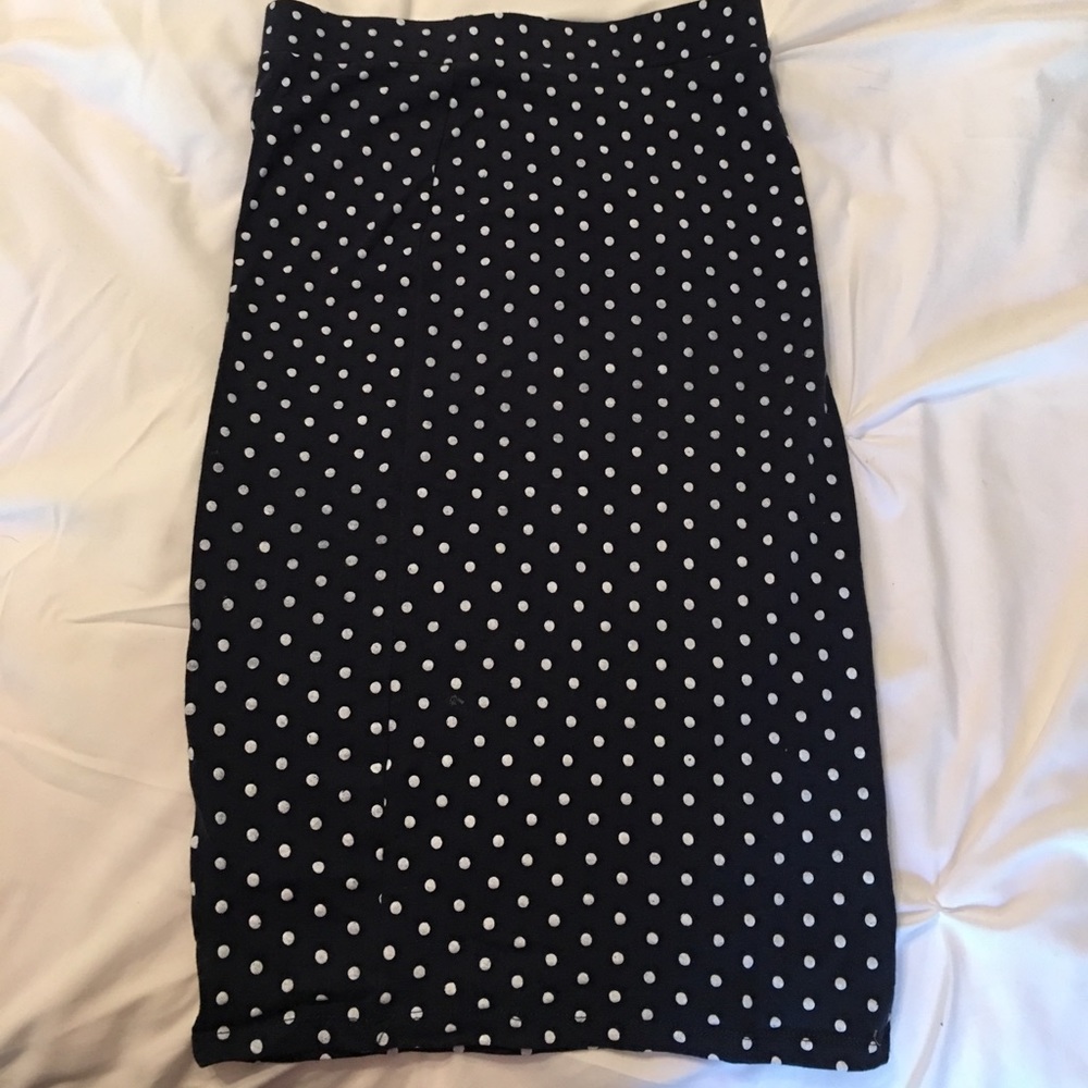 Navy polka dot pencil skirt, stretchy.