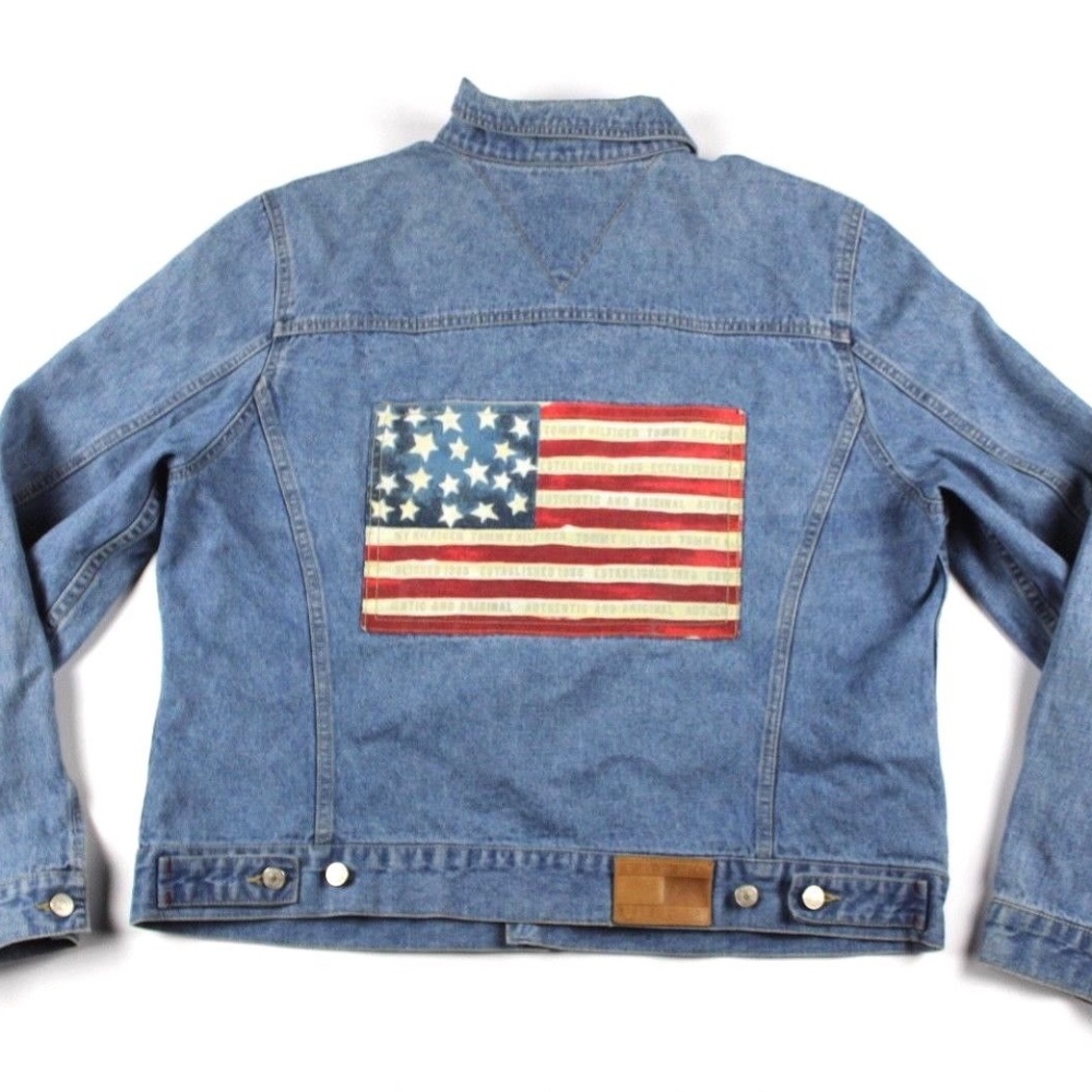 Vtg 90s Tommy Hilfiger USA Flag Denim Jean Jacket