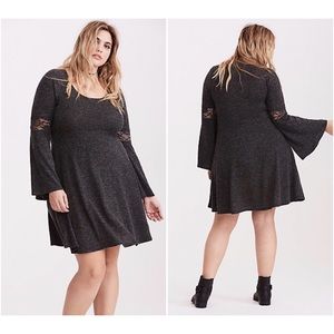 Gray lace inset hacci knit skater dress