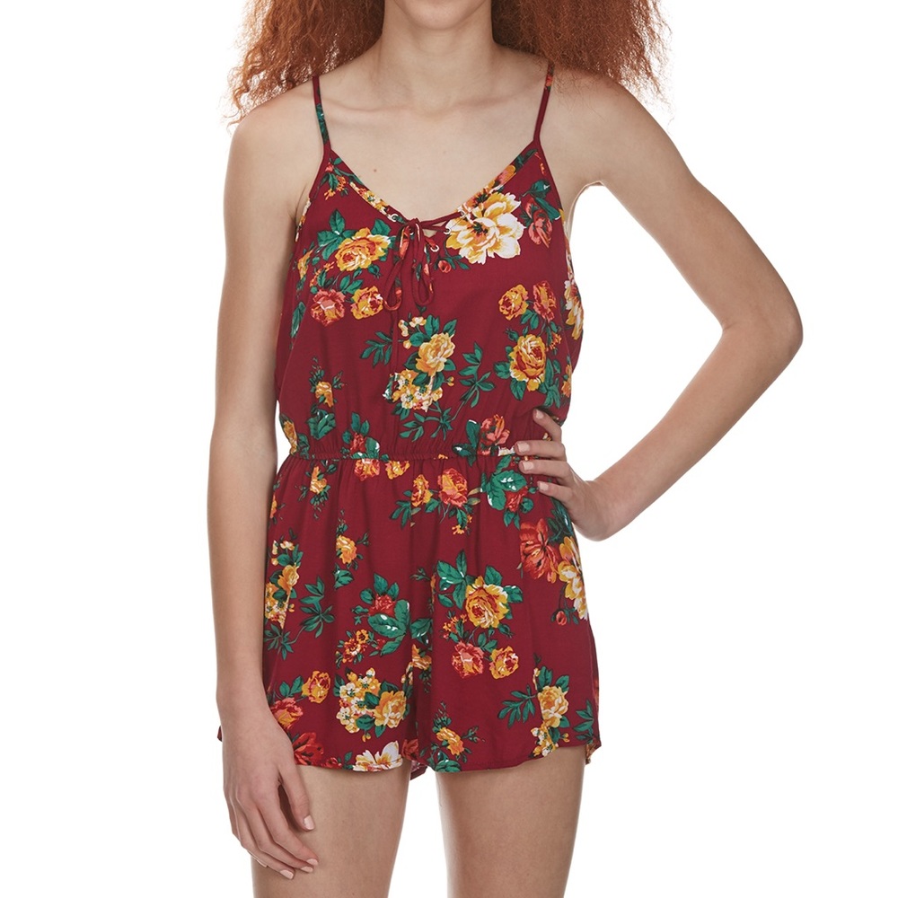 🌿 • ambiance juniors' floral lace up cami romper