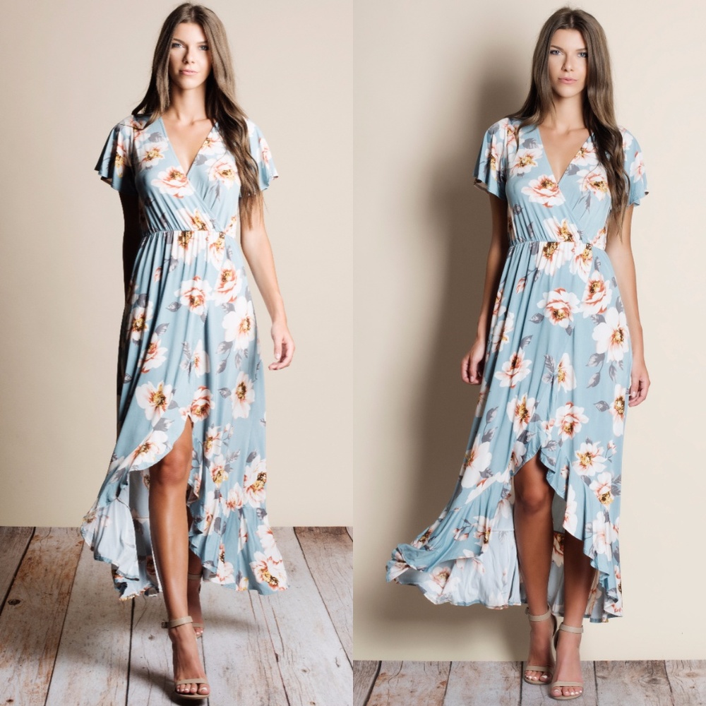 Blue Floral Faux Wrap Maxi Dress - Picture 1 of 2