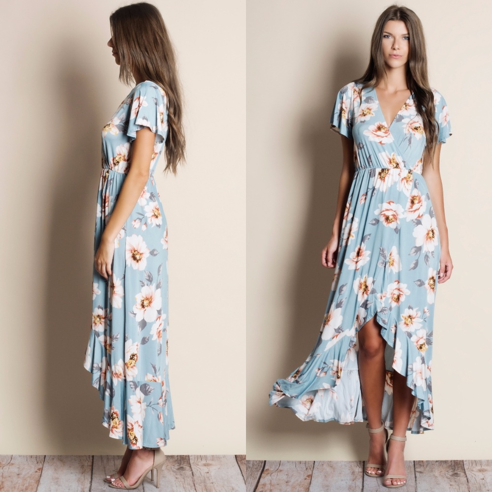 Blue Floral Faux Wrap Maxi Dress - Picture 2 of 2