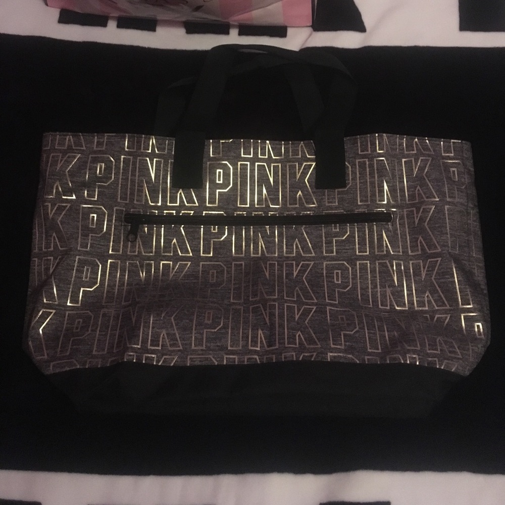 Pink grey and gold travel bag with zipper