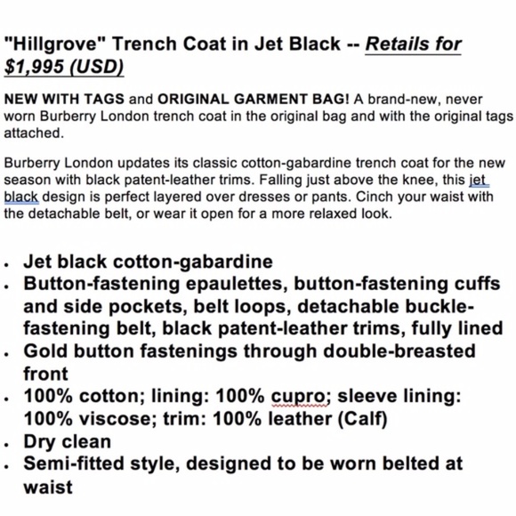 SOLD ❌BURBERRY •NWT• Hillgrove LeatherTrim Trench - Picture 8 of 8