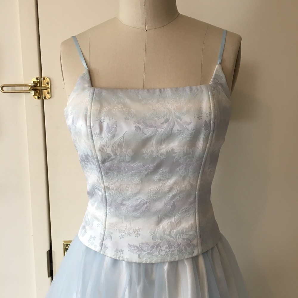 Betsy and Adam pale blue and white prom dress