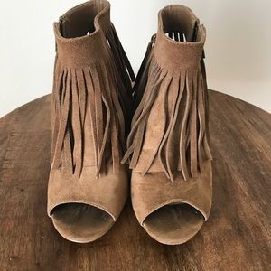 Faux Suede Fringe Peep Toe Booties