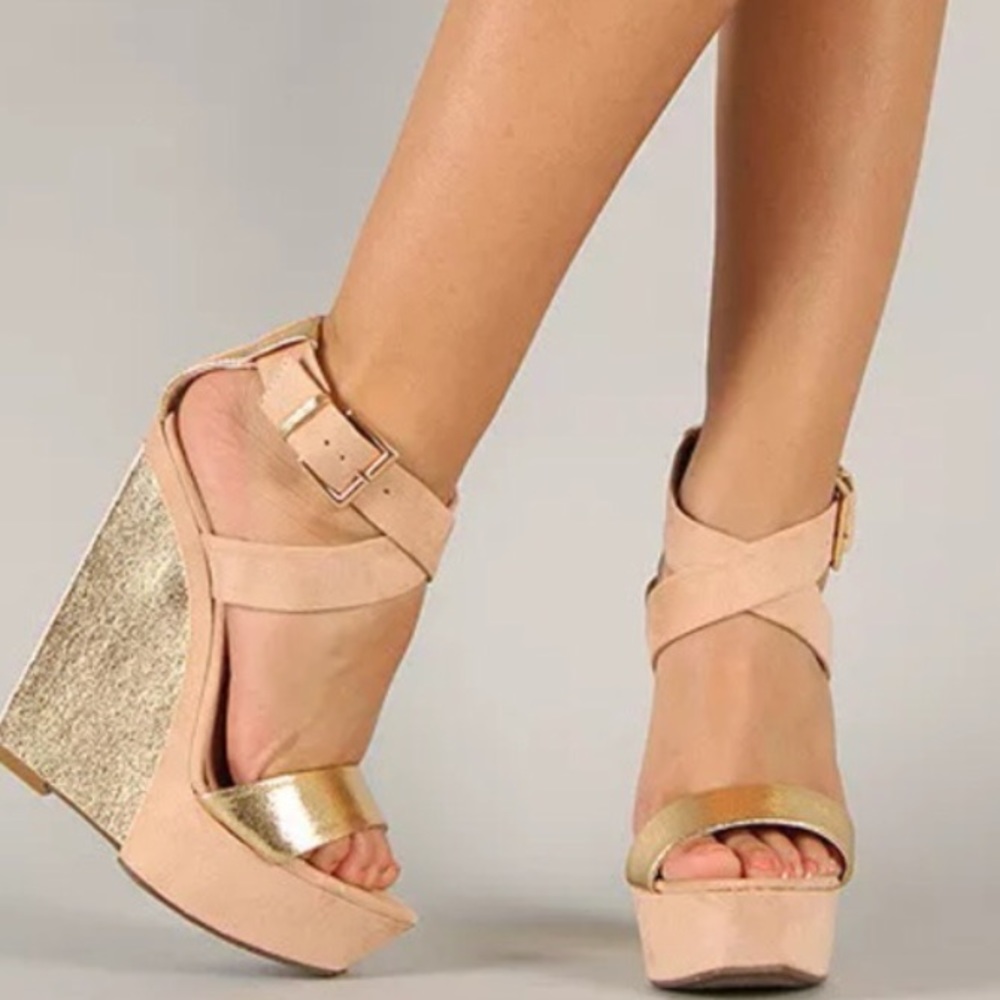 Brand new gold and nude wedges
