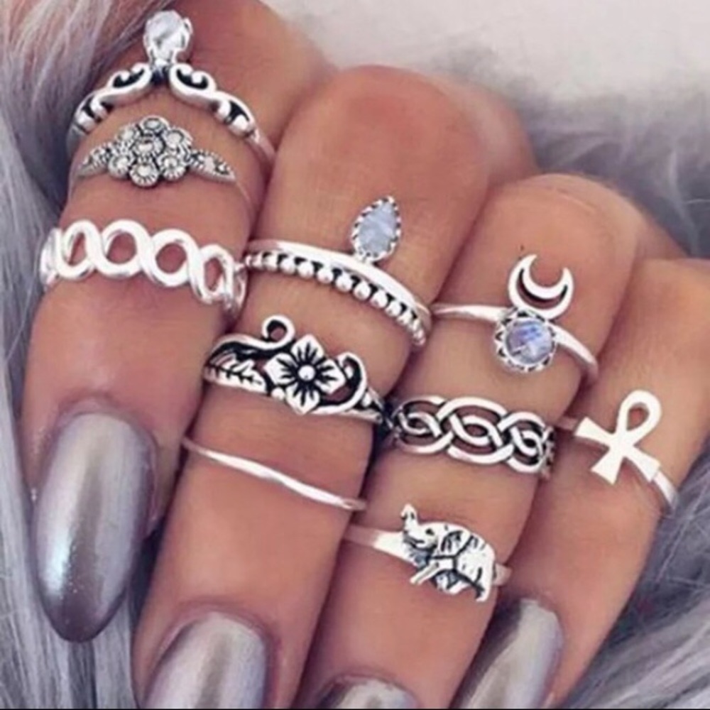 Tibetan Silver Moonstone Boho Goth punk MIDI Rings