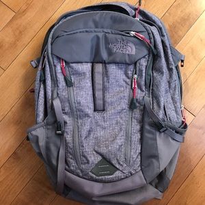 Women's North Face Surge Backpack, grey/pink