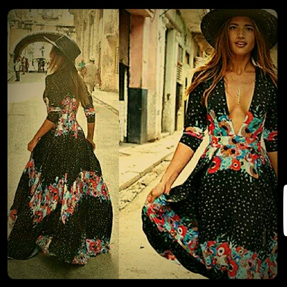 Gypsy Boho Deep Plunge Maxi Dress