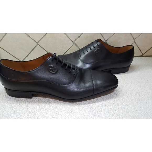 Gucci men's black oxfords logo leather cap toe - Picture 4 of 5