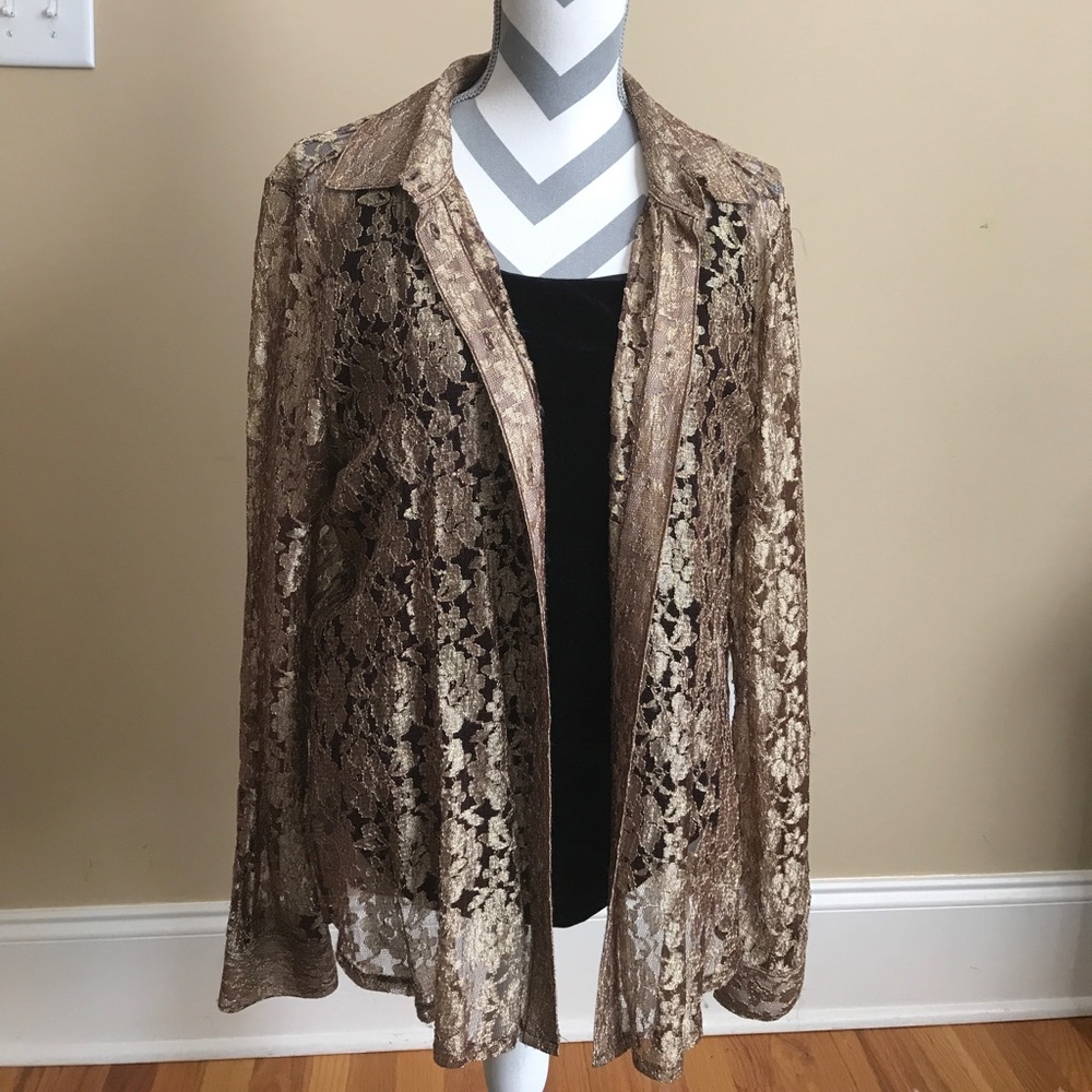 Chico’s Gold Lace Button Down Long Sleeve, Size 3