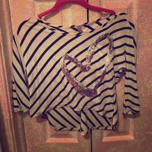 Black and White Striped Crop Top w/ Sequin Heart