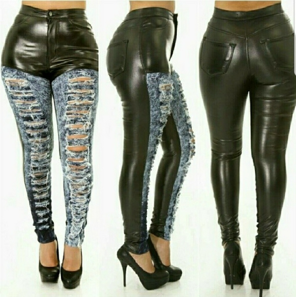 **NWT** High Waisted Faux Leather Destroyed Denim