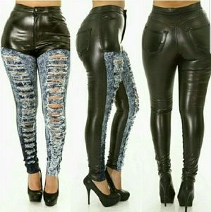 **NWT** High Waisted Faux Leather Destroyed Denim
