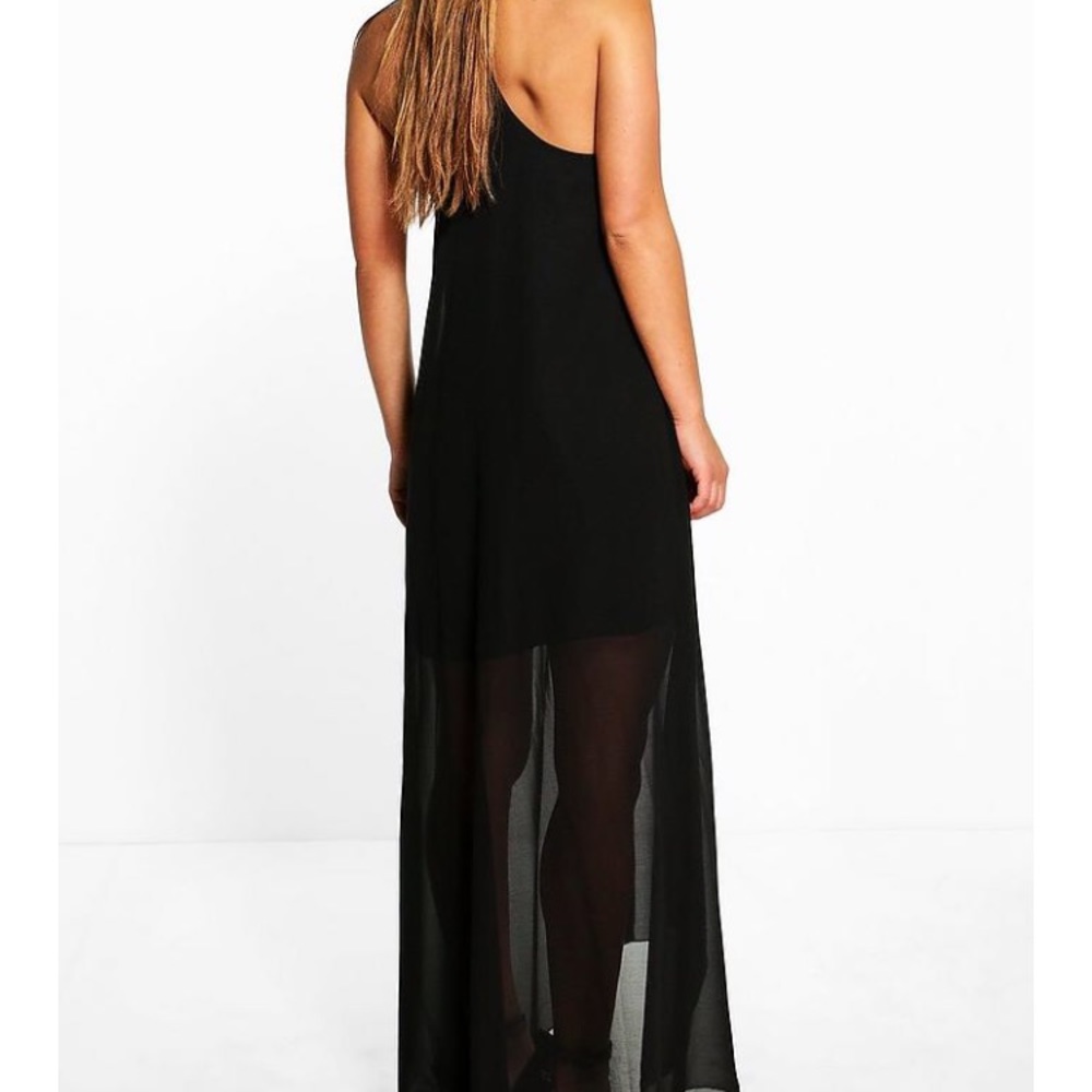 Petite beaded necklace dip hem maxi dress