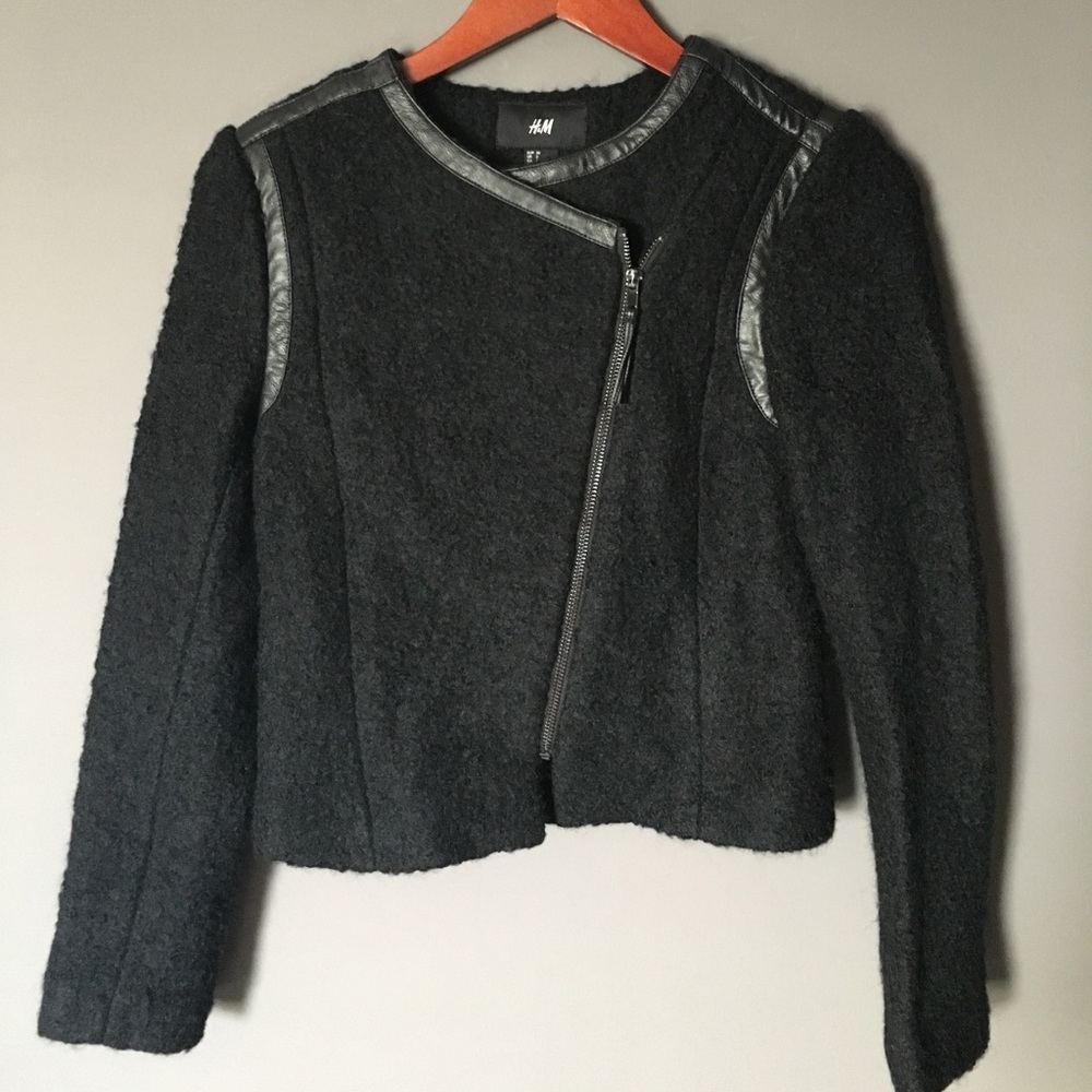 H&M Wool Moto Coat with Faux Leather Detail