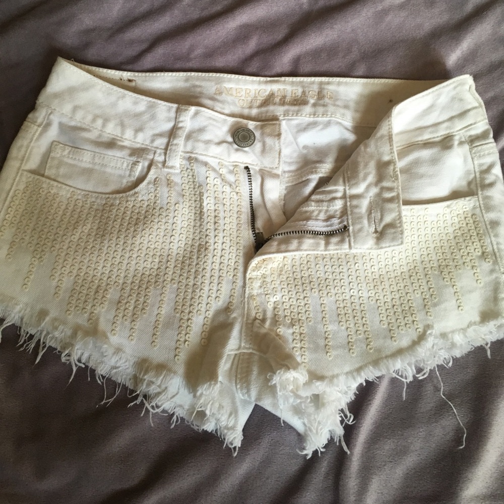 White sequinzed American Eagle jean shorts