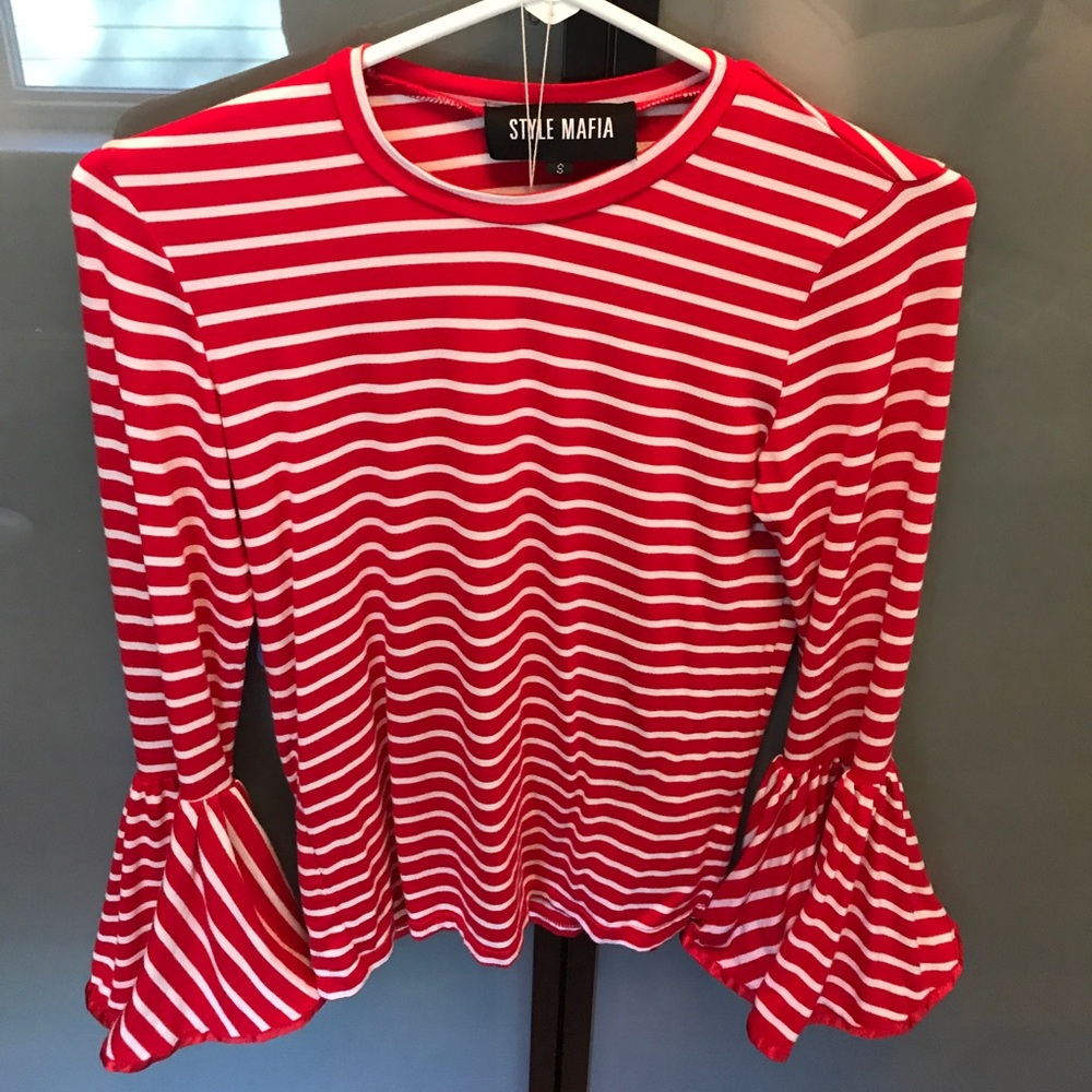 Style Mafia Bell Sleeve Top- Stripe Red and White