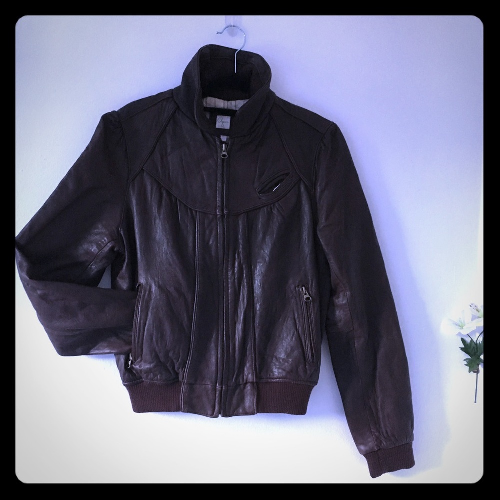 🚺 AQUA Real Brown Leather Bomber Jacket