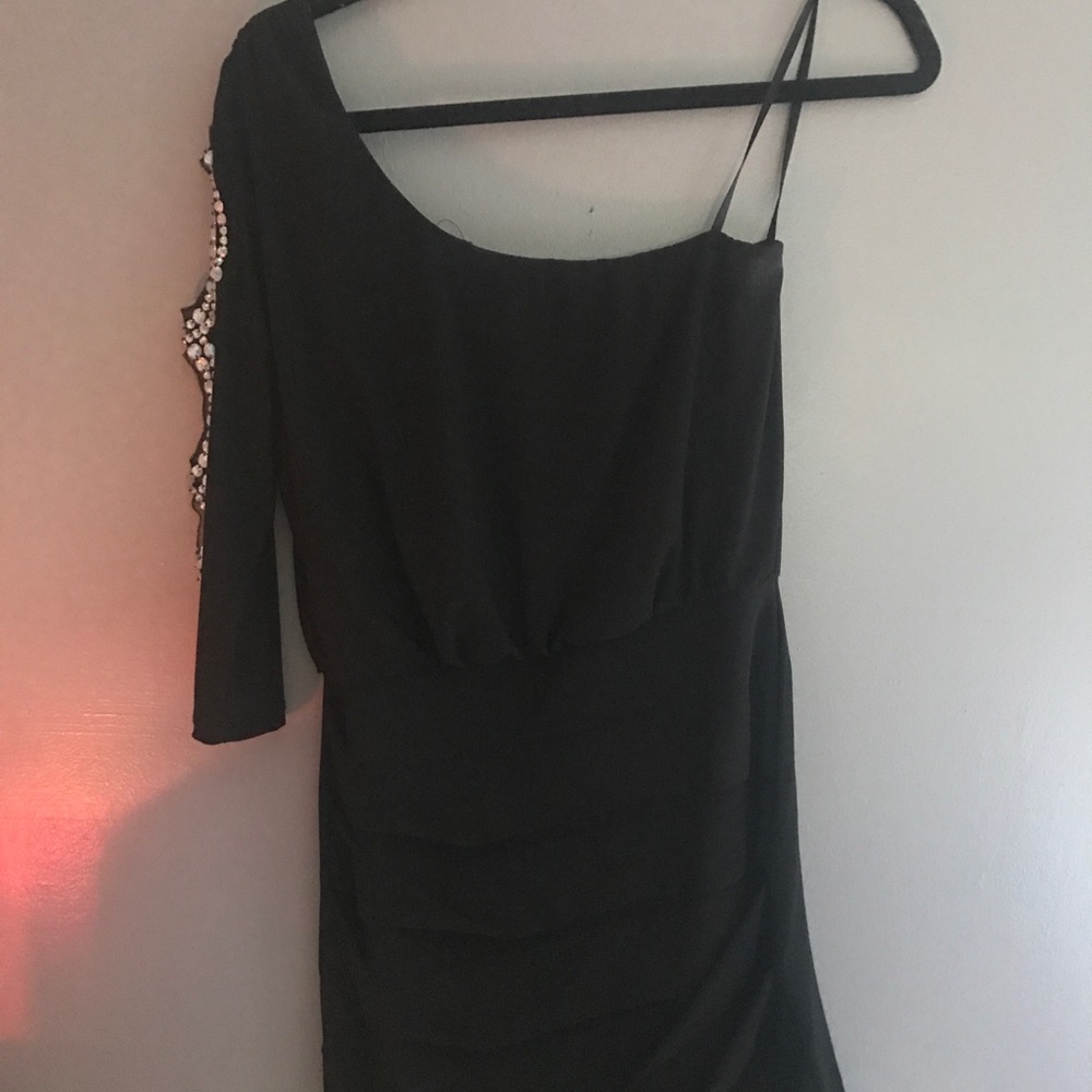 Black homecoming dress with embellished sleeve