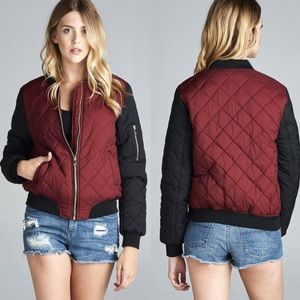 NWT Cozy Burgundy & Black Quilted Bomber Jacket Womens Size Small & Medium