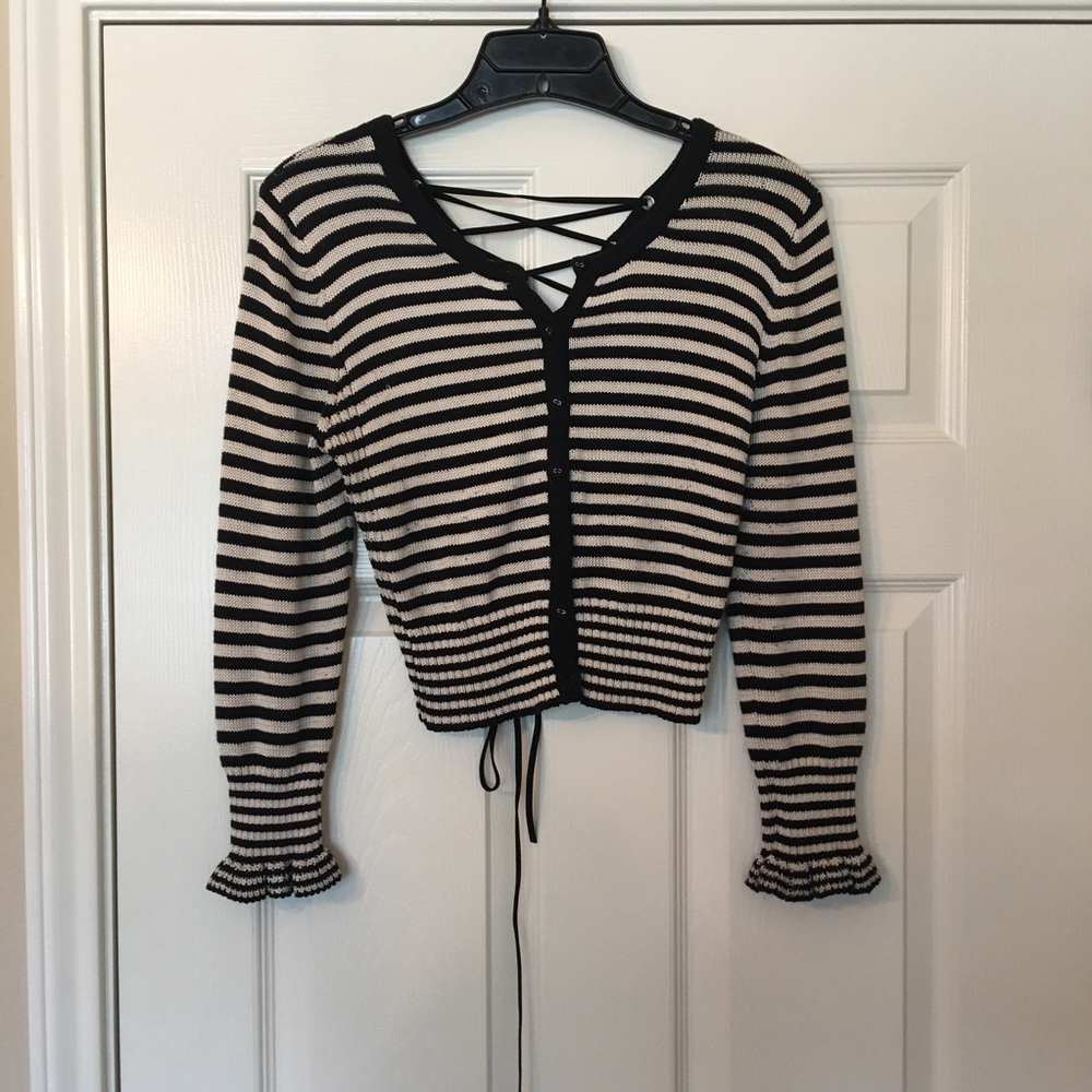 Betsey Johnson Striped Button/Lace Up Sweater - M