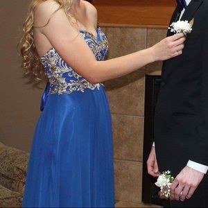 Blue and Gold Strapless Prom Dress