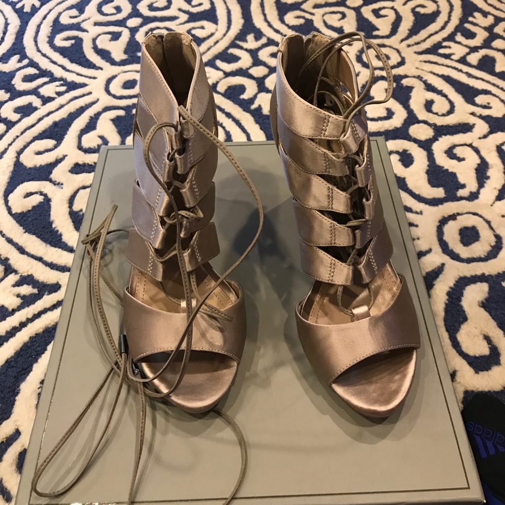 Bcbg taupe lace up the leg Open toe heels