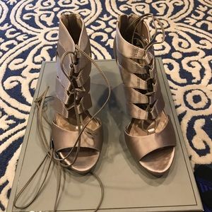 Bcbg taupe lace up the leg Open toe heels