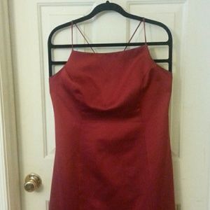Floor length burgundy spaghetti strap gown