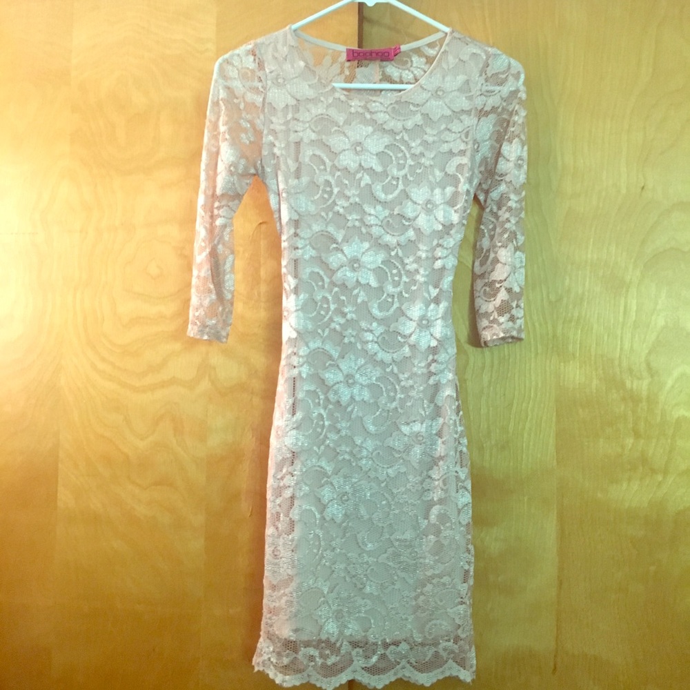 Boohoo blush lace dress, super flattering