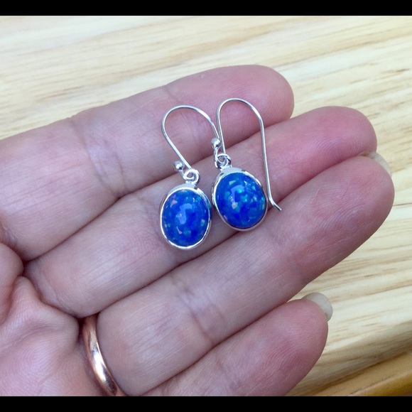 Fire Blue Opal Sterling Silver Earrings - Picture 3 of 4