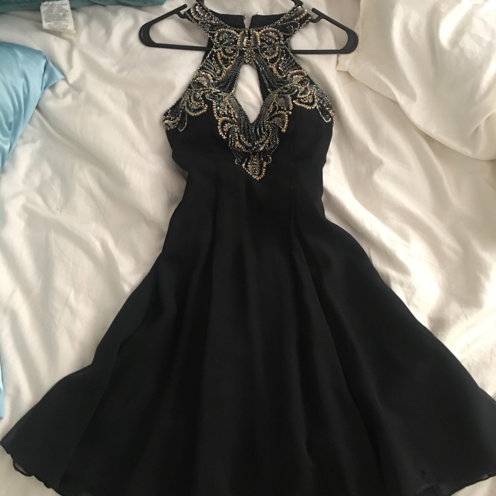 Black prom homecoming dress with gold detail