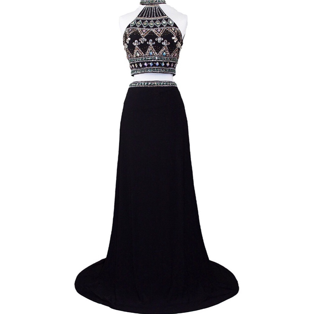 Women's Two Piece Rhinestone High Neck Prom Dress