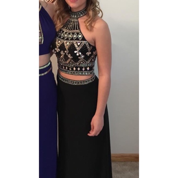 Women's Two Piece Rhinestone High Neck Prom Dress - Picture 3 of 6